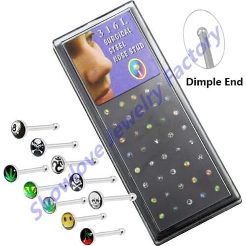 Showlove 40pcs/lot Nose Ring Body Jewelry Mixed Logo Nose Studs Pins 316L Surgical Steel Nose Piercing