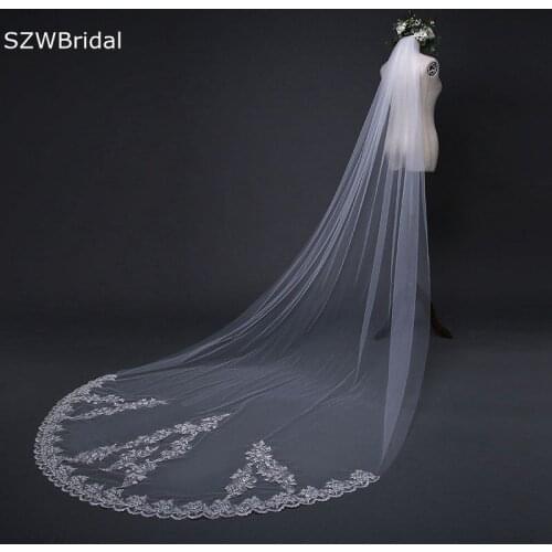 New Arrival Ivory Cheap Wedding Veils Long Lace Appliques Boda Bridal accessories Sexy Bride veil Veu de noiva longo
