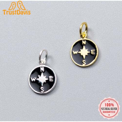 TrustDavis Real 925 Sterling Silver Fashion Sweet Round Black Glaze Compass Charm Pendant Handmade DIY Accessories Jewelry DZ312
