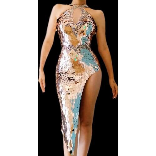 High End Halter Scale Sequins Women Silvery Mirror Lens Sleeveless Singer DJ Catwalk Stage wear Costumes Nightclub party Jazz