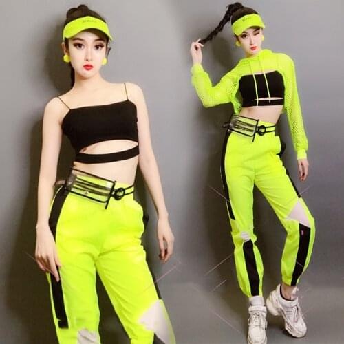Hip Hop Clothing Women Fashion Fluorescent Grid Top Pants Bar Female Dj Sexy Jazz Dance Ds Costumes Modern Stage Wear DNV13096