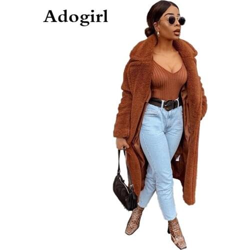 Women Open-Stitch X-Long Coat Winter Fashion Street Outfits Warm Long Jacket Brown Long Sleeve Turn-Down Collar Slim Tops