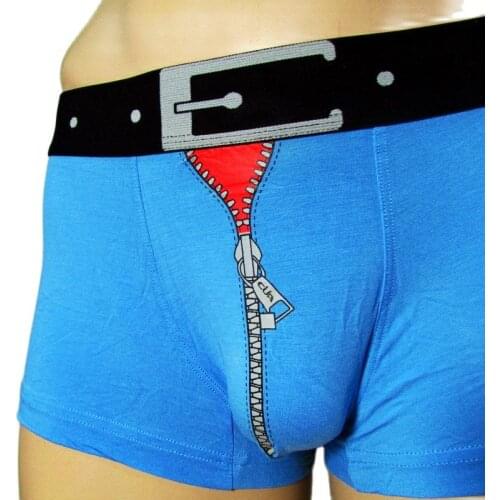 Men Boxers Bamboo Fiber underwear Blue Wide Band Waist Shorts U Design Cartoon Zipper Sissy Thong Sexy Gifts Sissy Pouch Panties
