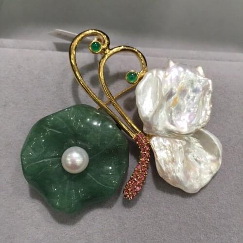 Baroque natural fresh water pearl butterfly and semi-precious stone lotus leaf brooch copper with cubic zircon romantic fashion
