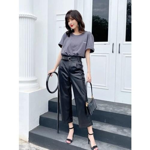 Wide Leg Pant Women Fashion High Waist 2021 Winter Korean Style Genuine Leather Pants women Plus size Streetwear Trousers Women
