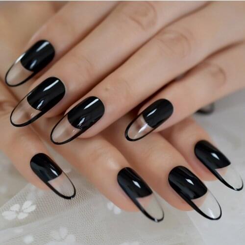 Long Design French Nail Black Unique Smooth Fake Nail Black Border Oval Head Artificial Nail Tips 24pcs