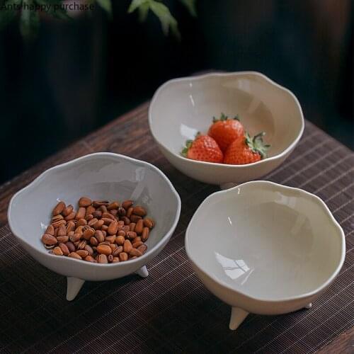 European-style Pure White Ceramic Dinner Plate Three-legged Bowl Salad Dessert Plate Household Large-capacity Nut Candy Plate