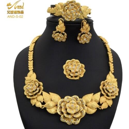 India Gold Jewelry Sets African Bridal Wedding Gifts For Women Saudi Arab Necklaces Bracelet Earrings Ring Set Flowers Jewellery