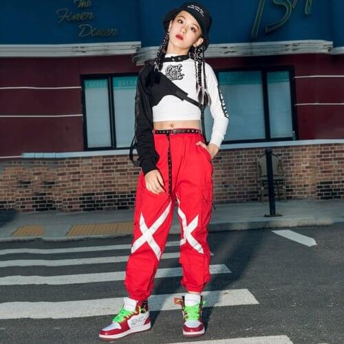 Hip Hop Kids Ballroom Dance Costume Girls Tops Jazz Performance Clothing Hiphop Dance Practice Red Pants Street Dancewear DB2701