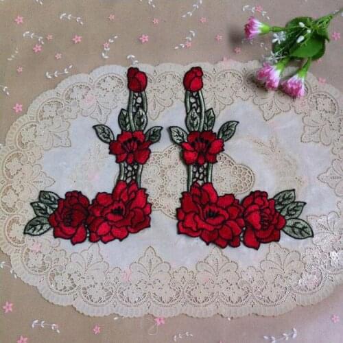 1 Pair 14*22cm Red with Green Flower Floral Lace Applique Sewing Hot Sal Lace Patches Embroidery for Wedding Dresses