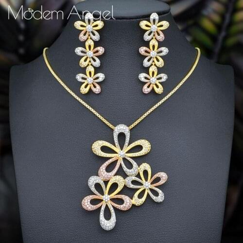 ModemAngel Luxury Flowers Luxury Cubic Zirconia High Quality Copper Wedding Party Bridal Necklace Pendant Earring Fashion Set
