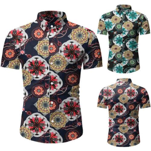 Mens Short Sleeved Shirt Turn Down Collar Print Cardigan Slim Shirt Casual Single Breasted Beach Type Tops