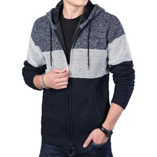 Mens knit sweater autumn and winter plus velvet thick warm sweater loose casual hooded cardigan jacket thick coat