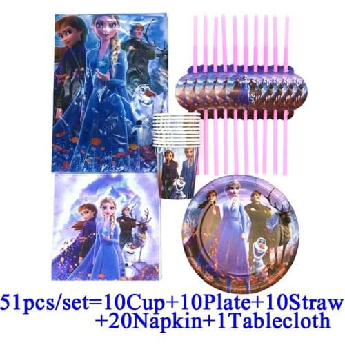 Disney Cartoon Frozen 2 Party Supplies Elsa and Anna Tablecloth Cups Plates Straws Kids Birthday Party Disposable Tableware Set