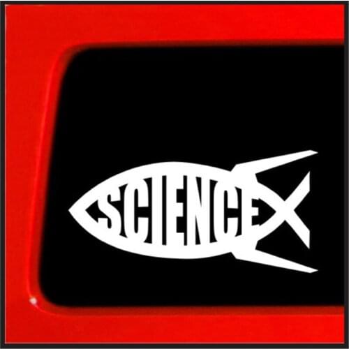 Science Jesus Fish Evolution Darwin vinyl Car Decal God Die Cut sticker creation Atheist Big Bang religion 6'' Wide White