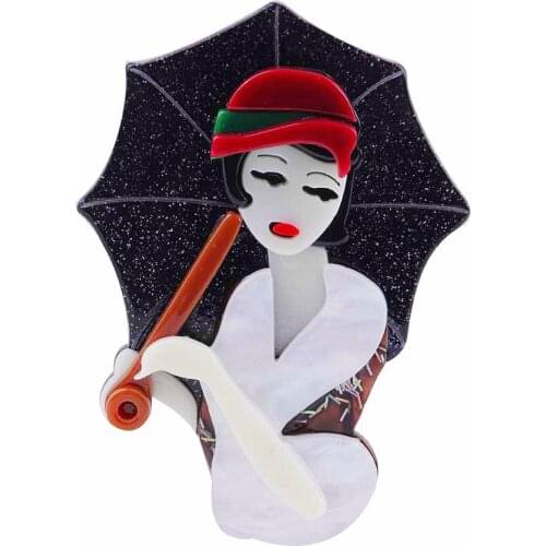 New Trendy Acrylic Figure Lady Brooch Pins For Women Girls Personality Women Holding Umbrella Brooch Party Dress Jewelry Gifts