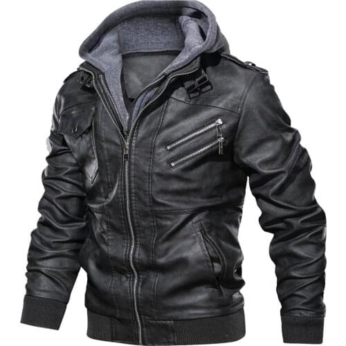2021 Autumn Winter Mens Motorcycle Leather Windbreaker Hooded Jackets Male Outwear Warm Biker PU Jackets