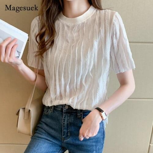 Casual Loose O Neck Women Shirts 2021 Summer Short Sleeve Women Blouse and Tops Fashion Pleated Female Clothing Blusas 14348