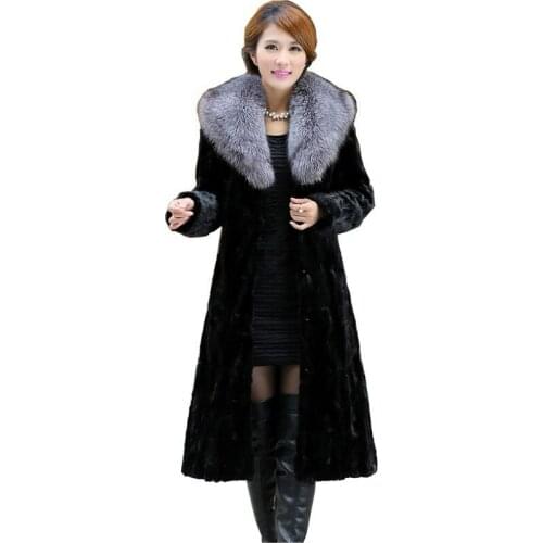 Luxury Winter Womens Genuine Natural Spliced Mink Fur Coat Fox Fur Collar Lady Trench X-Long Outerwear VF0296