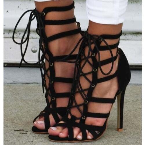 Newest hollow out high heel suede sandals peep toe gladiator lace-up sandals fashion strappy shoes woman size 34-42 free sh