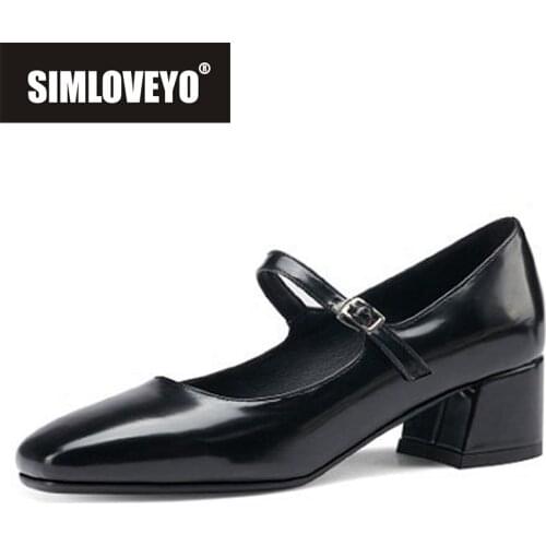 SIMLOVEYO New 2021 Women Pumps Square Toe 4.5cm Block Heels Genuine Leather Buckle Classic Soft Comfy Big Size 32-43 Date B2506