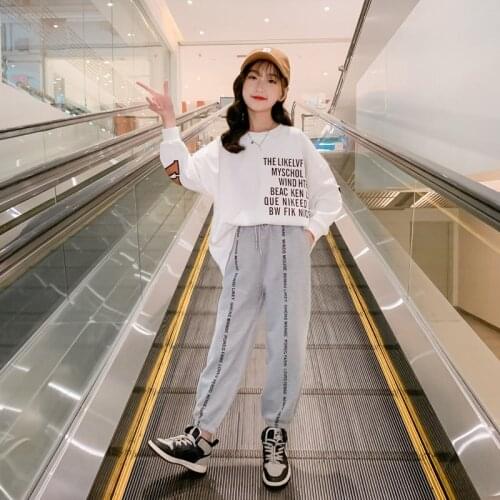 Casual Girls Loose Sets Cotton Long Sleeve T Shirt+Pants 2 PCS Korean Kids Letter Print Sport Tracksuits for 6 8 10 12 14Years