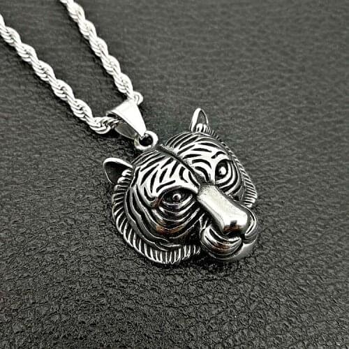 Domineering 316L Stainless Steel Tiger Head Necklace Punk Style Men Womens Party Necklace Long Chain Unisex Hip Hop Jewelry