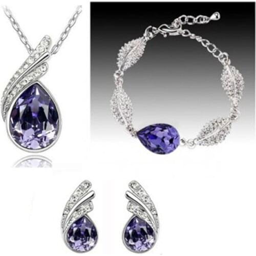 Delicate water drops Austria deep purple crystal wedding jewelry set womens 925 sterling silver necklace earrings bracelet gift
