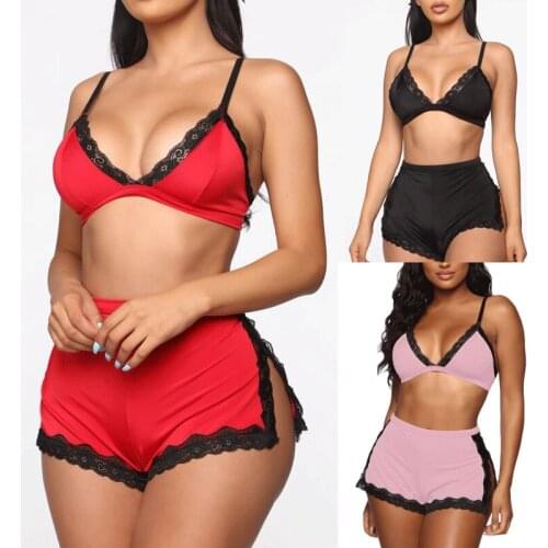 2pcs Women Pajamas Set Bra Crop Tops High Waist Split Shorts Set Sexy Lace Sleepwear Babydoll Lingerie Nightdress S-XL