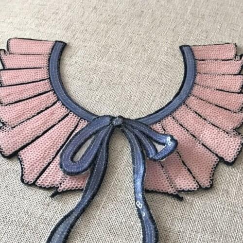 1set Pink collar sequins embroidered applique patch cartoon fabric patches DIY clothing decoration patches sewing accessories