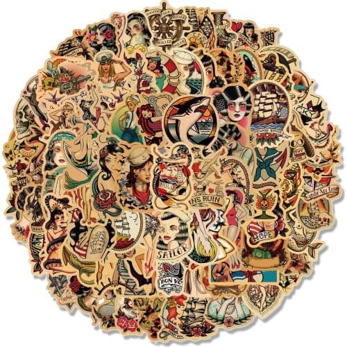 10/50/100PCS Retro Tattoo Girl Stickers Graffiti for Laptop Motorcycle Skateboard Luggage Kraft Paper Style Waterproof Decal Toy
