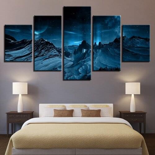5Pcs Blue Aurora Borealis Snow Mount Wall Art Canvas HD Posters Pictures Paintings Home Decor Accessories Living Room Decoration