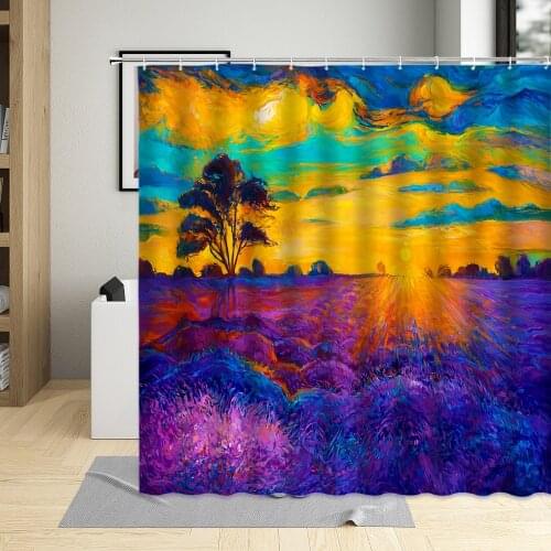 Oil Painting Abstract Purple Lavender Flower Shower Curtain Nature Scenery Bathroom Decor Waterproof Bath Curtains With Hooks