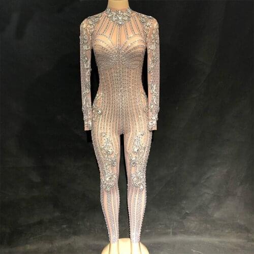 Glisten Rhinestones Grey Stripe Pattern Stretch Jumpsuit Nightclub Female Singer Bodysuit Womens Birthday Party Oufit Sexy Wear