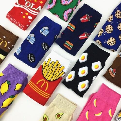 Colorful Womens Socks Womans Cotton Socks Fruits Banana Avocado Lemon Egg Cookie Donuts Food Happy Color Sox Harajuku Socks