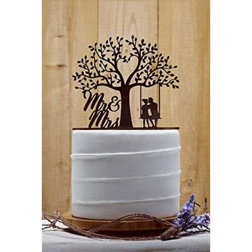Country Tree Wedding Cake Toppers Bride and Groom with Mr and Mrs Silhouette Brown Wood Gold Color Rustic Wedding Decor