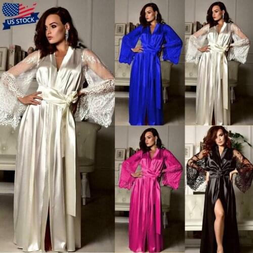 Women Ladies Lace Satin Silk Robe Nightdress Gown Long Kimono Sleepwear Dress L-2XL