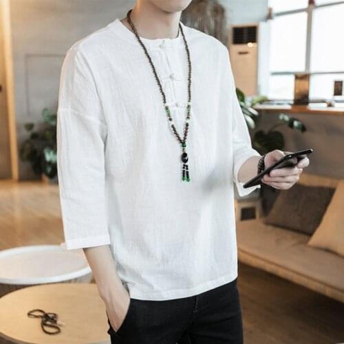 Sinicism Store Mens Cotton Linen T-Shirt Three Quarter Sleeve Summer Chinese Traditional Clothes Male Vintage Shirt Top Tees