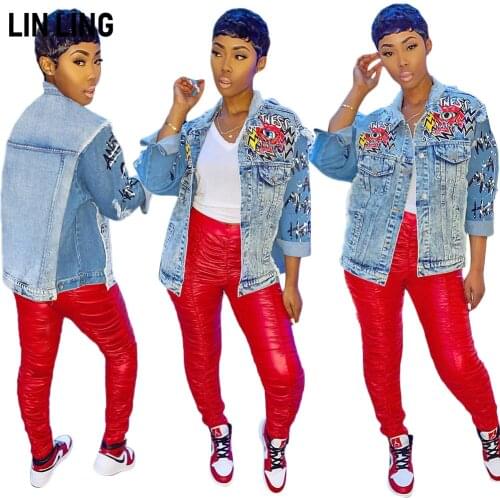 LINLING Trendy Blue Letter Print Pattern Denim Jacket Lapel Pocket Jacket Fashion Personalized Street Wear