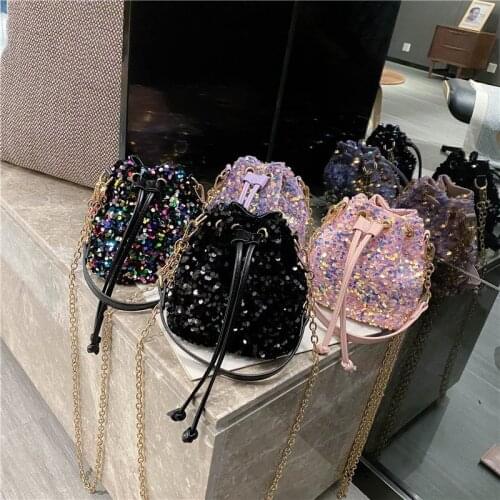 Fashion Bucket Bag Woman 2021 Trend Sequins Top Handle Bags Leather Chain Luxury Designer Lady Shoulder Womens Small Handbag