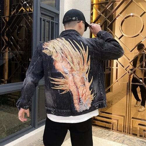 Mens 3D Dragon Embroidery Sequins Denim Jeans Sukajan Souvenir Flight Jacket Bomber Coat Chic Outwear Oversize