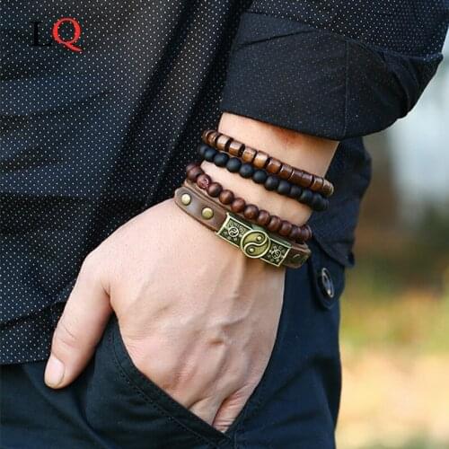 Mens Bracelet Handmade Braided Leather Braslet Punk Stainless Steel Braclet Accessories For Male Bracellet bead bracelet Gift