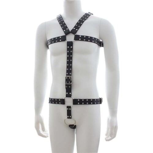 SM Bondage Leather Strap Men Chest Waist Harness Macho Fetish Wear with Metal Crotch Ring Role Play Costume