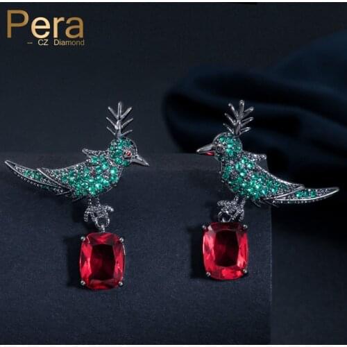 Pera Unique Design Big Bird Shape Green And Red Zirconia Silver Color Women Long Drop Earrings for Costume Prom Praty E327