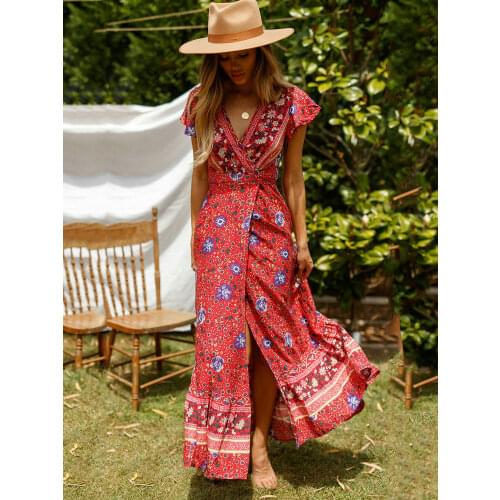Summer Dress Indie Folk Women Sexy Printed Bow Holiday Beach Wrap Dresses V-Neck Boho Dress Elegant Party Sundress