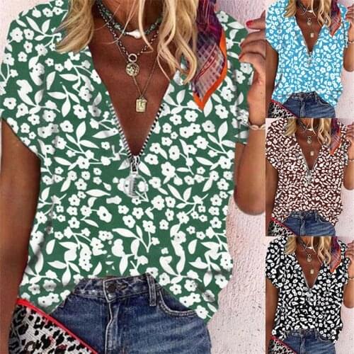 Summer Pullover V-neck Short Sleeve Tops Vintage Zipper Floral Shirt Casual Loose Plus Size Blouse Women Fashion Print Tshirt