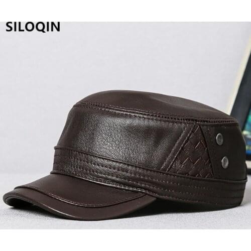 SILOQIN Mens Flat Cap New Natural Genuine Leather Caps Army Military Hats For Men Adjustable Size Brands Sheepskin Leather Hat