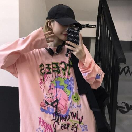 Retro Cartoon Print Ins Loose Tshirt Female Korean Harajuku Womens T-shirts Tops Japanese Kawaii Ulzzang Clothes For Women