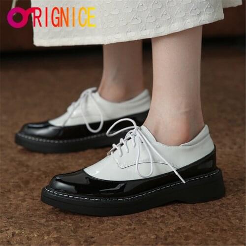 Orignice Women Casual Platform Square Heel Pumps Ladies Leisure Footwear Spring Autumn Lace Up Round Toe Patent Leather Shoes