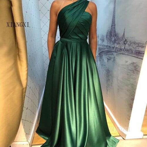 One Shoulder Green Evening Dresses Pleats Simple Special Occasion Gowns With Pockets evening dress 2020 Robe Soiree